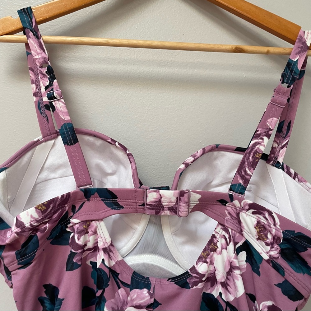 TORRID 2X Underwire Ruched Tie-Front One Piece Swimsuit lavender floral - Picture 8 of 9